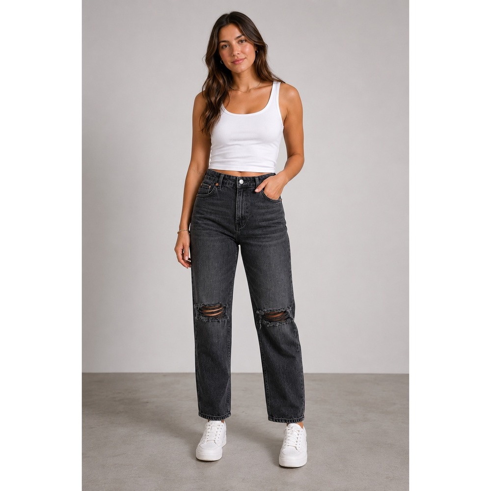 American Eagle Mom‎ Jeans Distressed Faded Black High Rise Denim Womens 18 Short